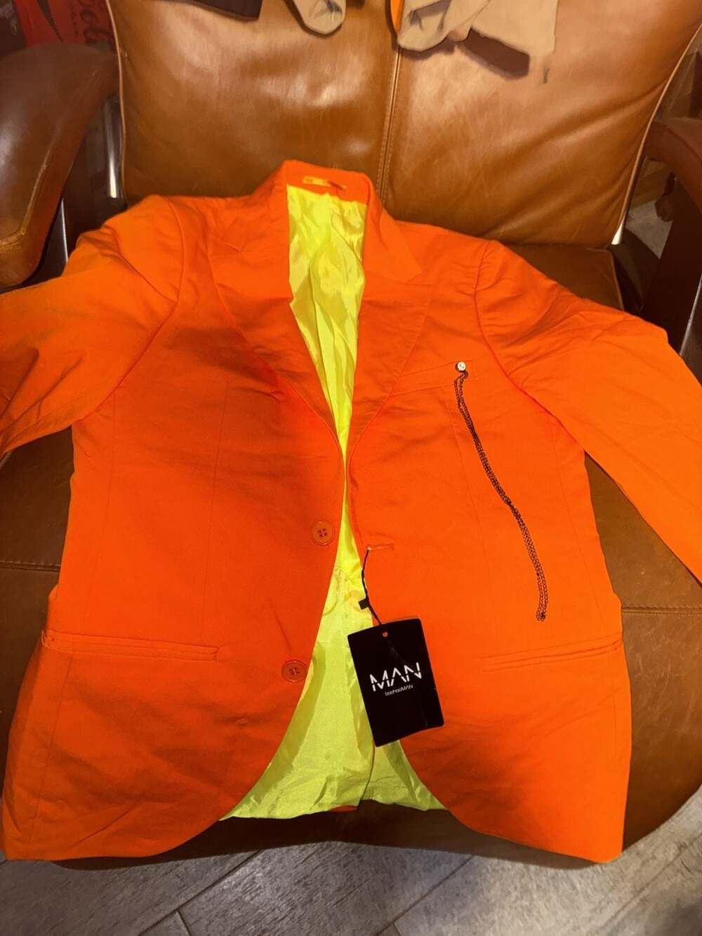 boohooMAN Single Breasted Super Skinny Chain Suit Jacket in Orange